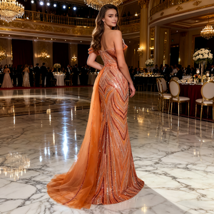 فستان سهرة عربي برتقالي بياقة على شكل V للحوامل مع تنورة علوية وذيل طويل من الدانتيل الفاخر باللون الأزرق على الطراز الدبي للنساء في حفلات الزفاف - Product Image 5