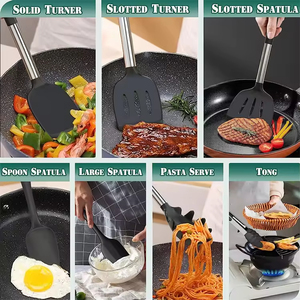 Heat Resistant Black <b>Kitchen</b> <b>Gadgets</b> <b>Tools</b> Stainless Steel Handle Silicone <b>Kitchen</b> Cooking Utensils Set with Holder - Product Image 4