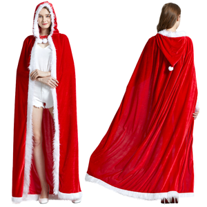 เสื้อคลุมกำมะหยี่สีแดงสำหรับผู้หญิง แต่งขอบขนเฟอร์ มีฮู้ด สำหรับการแสดงบนเวที ชุดคอสเพลย์ซานตาคลอสแบบใหม่ - Product Image 1