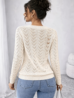 Pull en maille ajouré à col en V pour femme, manches longues, léger, en crochet ajouré, élégant, pour le printemps et l'automne