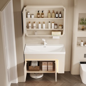 Factory Minimalist <b>Wall</b>-Mounted Bathroom Vanity with LED Smart <b>Mirror</b> Cabinet Ceramic Basin 60-Inch White MDF Hospital Use - Product Image 5