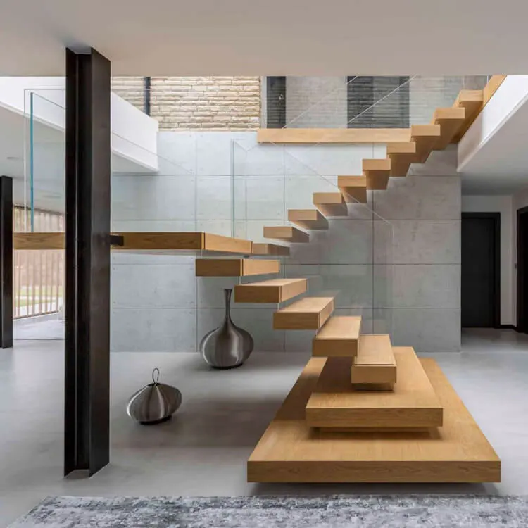 階段デザインデュプレックスハウスフローティング階段木製トレッド人気目に見えないストリンガー屋内ストレート階段