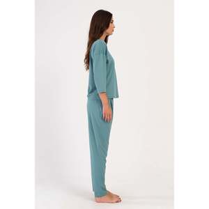 Ensemble de pyjama plissé à col rond et épaules tombantes 3/4 manches avec poches pour femme - Pétrole - Product Image 2