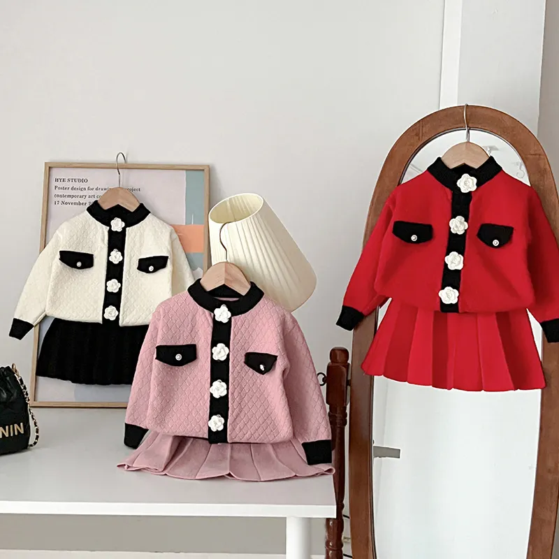 3D Hoa Dệt Kim Mùa Thu Bộ Trẻ Em Cô Gái Quần Áo Dày Ấm Ăn Mặc Dài Tay Áo Áo Len Váy 2Pcs Thiết Lập Bé Cô Gái Trang Phục Thời Trang
