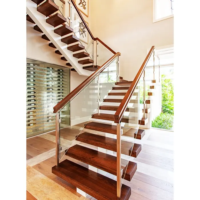 Wholesale Cheap Price Oak Wood Stair Treads Straight Wood Handrail Wrought Iron Baluster Indoor Mono Stringer Staircare