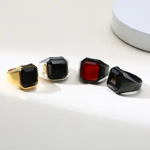 Stainless Steel Rings Antique Turkish Ring Jewellery For Simple Design Men With Square Black Natural Stones Ring