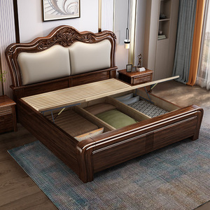 American Style <b>Double</b> <b>Bed</b> 180x200mm Walnut Wood Storage <b>Bed</b> With Mattress For Master Bedroom - Product Image 2
