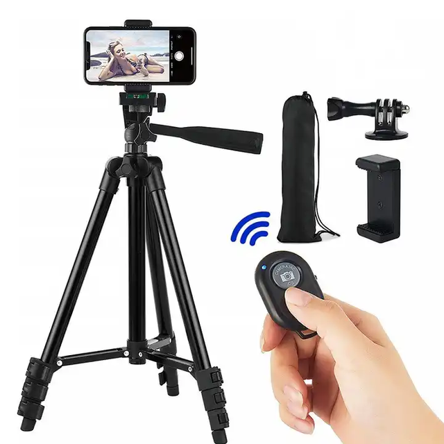 1/4 Lightweight Aluminum Adjustable Tripod Stand W/ Wireless Remote/Phone Holder/GoPro Adapter for Camera/Projector Live Stream
