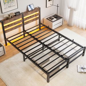 Cadre de lit en métal avec tête de lit en bois et lumières RGB, chargeur silencieux, étagère de rangement, marron rustique - Aucun sommier tapissier nécessaire - Product Image 4