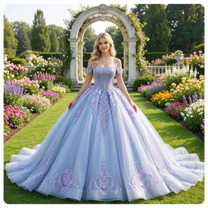 Vestidos de Quinceañera Color Azul Cielo, Bordados, con Cuentas, Apliques de Encaje, Cristal, Vestido de Gala con Cola de Capilla, Vestido Formal para Fiesta - Product Image 1