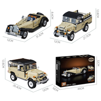 Briques de construction de véhicules rétro 3-en-1, modèle de roadster vintage et de camionnette tout-terrain, jouet DIY, modèle de voiture de collection
