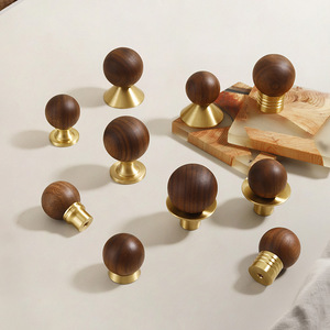 Chinese Style Walnut Wood Brass Cabinet <b>Knobs</b> Round Durable Furniture Handle For Cabinet Doors - Product Image 1