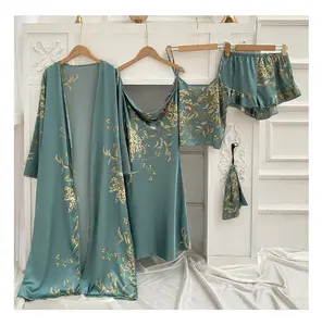 Women's printed floral sleepwear 5 pieces set satin long robe woman ladies robe pajamas set