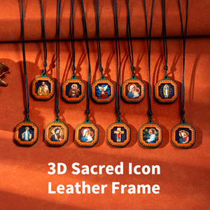 Colección de Colgantes de Cuero Hechos a Mano con Iconos Católicos, Joyería Religiosa con Micro Arte Pintado a Mano, Fabricante de Joyería Religiosa - Product Image 1