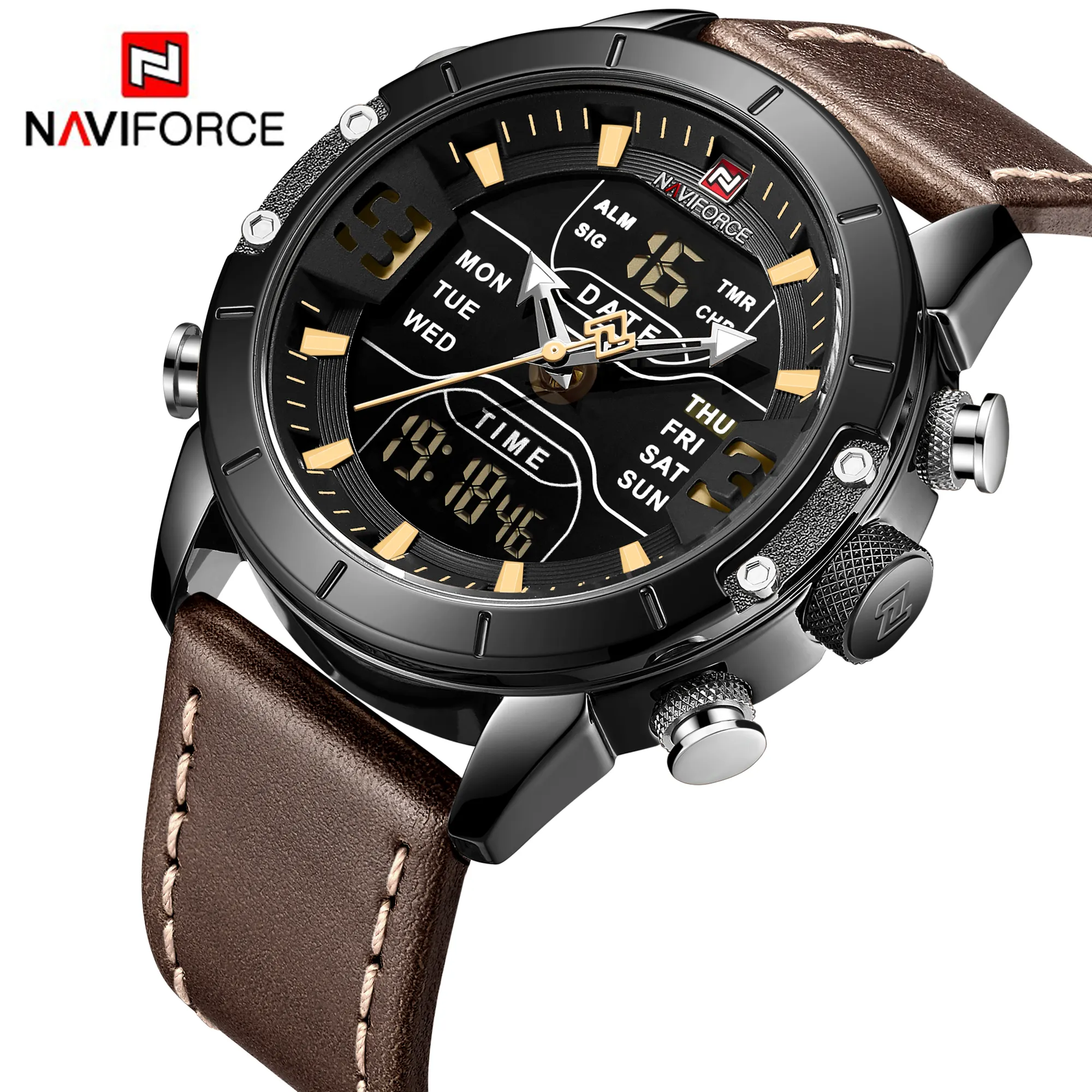 2020 new relogio inteligente Quartz Analog Digital Sport relojes hombre Leather Wristwatch Naviforce 9153