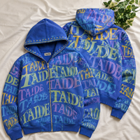 Sweat à capuche zippé TaiDe OEKO-TEX avec imprimé lettres sur toute la surface, 420 GSM, fermeture éclair cloutée, bleu roi, logo personnalisé DTG, streetwear oversize pour homme