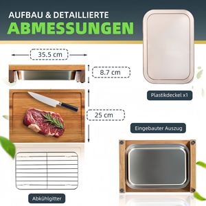 Tabla de cortar de madera de acacia con bandeja y soporte de acero inoxidable para preparación de carne, rectangular, multifuncional, para cocina. - Product Image 3