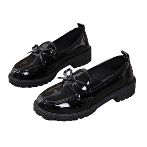 Zapatos de mujer Mocasines de cuero estilo inglés para mujer, superficie brillante, tacón bajo, con decoración de lazo, zapatos casuales de una sola pieza - Product Image 1