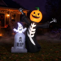Décoration de jardin gonflable d'Halloween de 2,4 m (8 pieds) avec citrouille, squelette, fantôme et pierre tombale, avec souffleur intégré, prise US