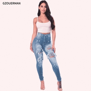 Nuevos Jeans de Mezclilla Rasgados de Moda para <span class=keywords><strong>Mujer</strong></span>, <span class=keywords><strong>Pantalones</strong></span> <span class=keywords><strong>Largos</strong></span> de Cintura Media, <span class=keywords><strong>Vaqueros</strong></span> Ajustados con Agujeros para Dama - Product Image 4