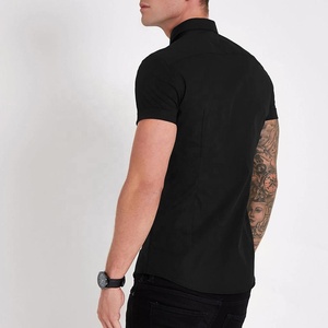 Custom High Quality <strong>Mens</strong> Black Plain Muscle Fit Short Sleeve <strong>Button</strong> Down <strong>Shirt</strong> Made in China - Product Image 2