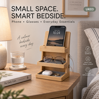 Organisateur de chevet compact en bambou de luxe moderne, support pour téléphone, étagère à lunettes, petite table de chevet, station d'accueil, écologique, personnalisé
