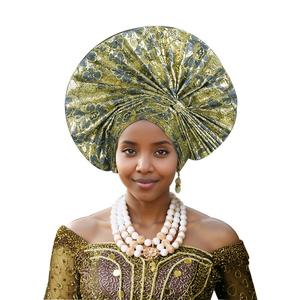 Tissu nigérian Aso Oke Fashion Headtie Ankara avec perles pour les fêtes sorties décontractées mariage dernière conception Bonnet - Product Image 3