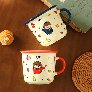 <b>Ceramic</b> Mug Cartoon Design Blue Handle Cute Couple Gift Present Breakfast Milk <b>Cup</b> Screen Printing - Product Image 2