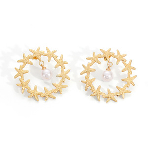 Boucles d'oreilles pendantes étoile de mer en acier inoxydable plaqué or 18 carats avec perle, pour usage quotidien - Product Image 5