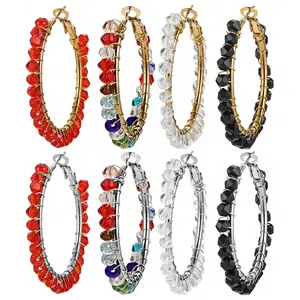 Handmade bohemian style colorful glass beads stainless steel 35mm women's large hoop earrings