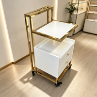 Chariot de Salon de Luxe à Cadre Doré, Chariot à Roulettes Blanc pour Manucure et Spa avec 2 Tiroirs, Roues Silencieuses Verrouillables, Chariot de Rangement pour Salon de Beauté