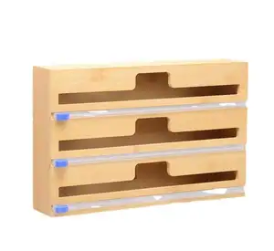 Factory supplier bamboo wall mounted storage organizer foil and plastic wrap dispenser with cutter