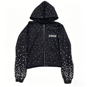 Sweat-shirt à capuche zippé surdimensionné noir avec strass, style streetwear pour homme - Product Image 4