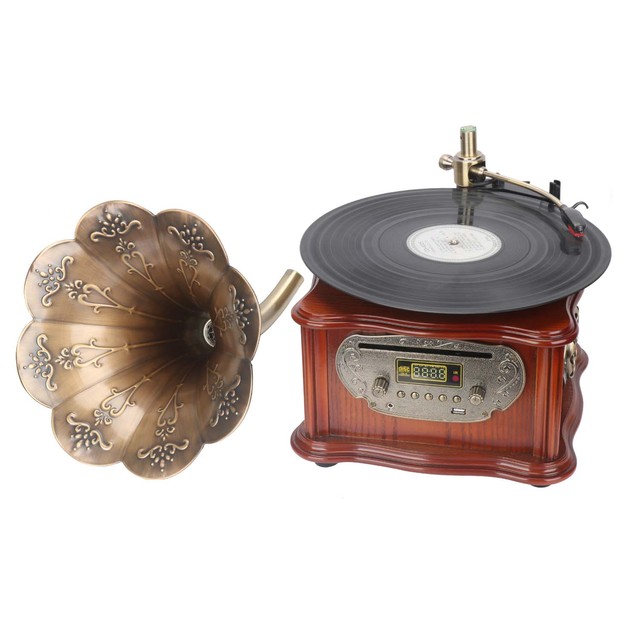 Retro USB/CD/Bluetooth Vinyl Turntable Record Player with Gramophone Speaker