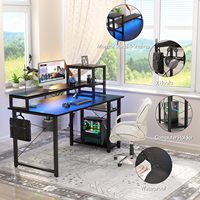 Escritorio Gaming en Forma de L de Madera Pequeño con Luces LED, Soporte Reversible para Monitor y Portátil, Estantes de Almacenamiento, Altura Ajustable, Ecológico y Fácil de Montar