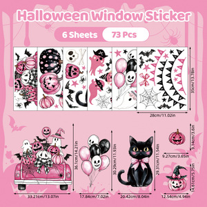 Pegatinas de Halloween Rosa Pastel al por Mayor, Lindas Pegatinas de Gato Negro, Fantasma, Calabaza y Murciélago para Decoración de Ventanas y Paredes, Decoración para Fiesta de Halloween - Product Image 6
