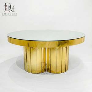 Table de banquet ronde en acier inoxydable doré avec base en colonne festonnée et plateau en verre trempé miroir, vente en gros - Product Image 3