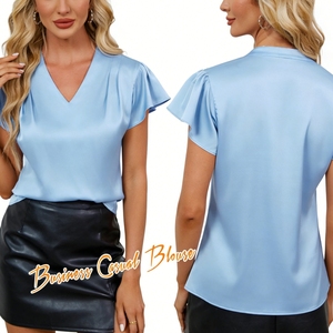 Blusa Feminina de Cetim com Decote V e Manga Franzida, Elegante e Sedosa, Casual para o Trabalho, com Mangas Borboleta, Camisa para Mulheres Sehe Fashion - Product Image 6