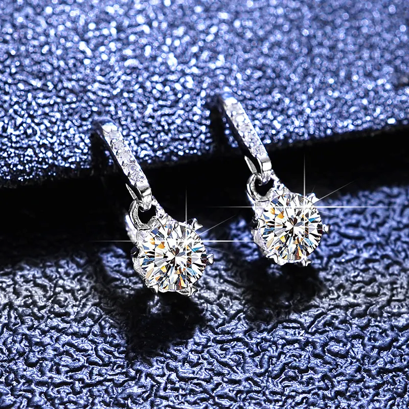 한국 디자인 다이아몬드 S925 실버 라운드 1 캐럿 6.5mm 매달려 VVS1 D 컬러 다이아몬드 모이사나이트 후프 귀걸이 여성용 쥬얼리