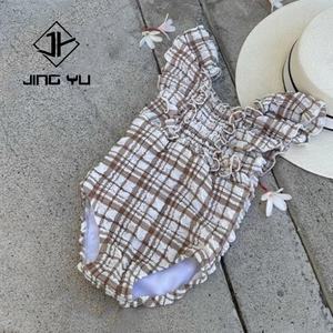 High Quality Customized Baby Sun Protection Swimsuit Wing Sleeve Plaid Wrinkled Fabric Children'<b>s</b> Swimsuit With Elastic - Product Image 3