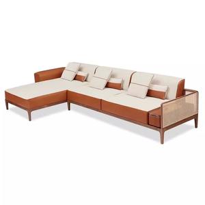 Divano ad angolo di lusso italiano sezionale in vera pelle sintetica semplice arancione finitura in legno solido Set di mobili da ufficio per vivere - Product Image 4