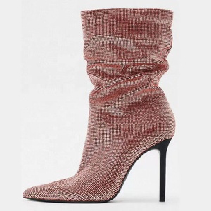 Botines de tacón de aguja con punta fina y diamantes plisados, botines cortos de invierno con pedrería brillante para mujer - Product Image 2