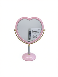 Specchio da Trucco da Tavolo a Forma di Cuore, Cornice in Plastica Rosa, Supporto Placcato Oro, Monofacciale - Product Image 1