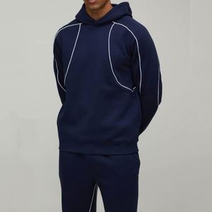 Ensemble de survêtement classique pour homme en coton imprimé bleu marine et blanc avec passepoil, idéal pour l'hiver - Product Image 3
