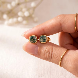 Premium Moss Agate Cushion Cut Faceted <b>Stud</b> <b>Earrings</b> Natural Green Gemstone Jewelry In 925 Sterling <b>Silver</b> Or 18K Gold Filled - Product Image 5