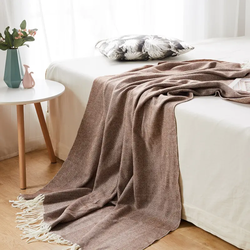 Trọng lượng nhẹ dệt kim xương cá giả cashmere rìa ném chăn mềm ấm cúng giường sofa ngoài trời rắn hình học trang trại len