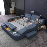 Modernes, intelligentes, multifunktionales, verstellbares, weiches Holzbett mit integriertem Projektor, Bluetooth-Lautsprecher, Kingsize-Plattformbett mit Stauraum