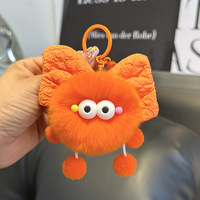 Mignon et moelleux, en fourrure de lapin Rex, style dessin animé, avec nœud papillon et boule de charbon, jouet en peluche elfe, accessoire de sac à dos et pendentif porte-clés de voiture