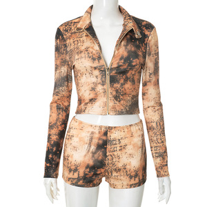 เสื้อคาร์ดิแกนซิปแขนยาวพิมพ์ลายมัดย้อมสำหรับผู้หญิงและกางเกงขาสั้นทรงสกินนี่ชุดแฟชั่น 2 ชิ้น - Product Image 6