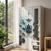 Armoire en acier bleu-noir à motif hexagonal diamanté, 3 portes coulissantes avec miroir et 2 tiroirs, placard métallique pour chambre à coucher